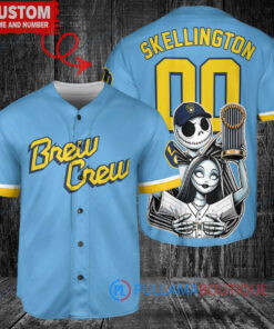 Milwaukee Brewers Jack Skellington Sally World Series Trophy Baseball Jersey Blue