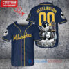 Milwaukee Brewers Jack Skellington Sally World Series Trophy Baseball Jersey Navy