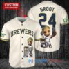 Milwaukee Brewers x Baby Groot Marvel Guardians Of The Galaxy with Trophy Custom Baseball Jersey Cream