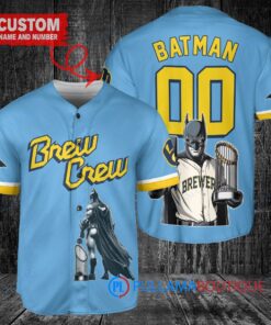 Milwaukee Brewers x DC Comics Batman The Dark Knight with Trophy Custom Baseball Jersey Blue City Connect