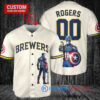 Milwaukee Brewers x Marvel Captain America Steve Rogers with Trophy Custom Baseball Jersey Cream