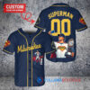 Milwaukee Brewers x Superman DC Comics with Trophy Custom Baseball Jersey Navy