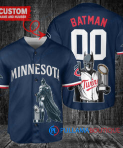Minnesota Twins x DC Comics Batman The Dark Knight with Trophy Custom Baseball Jersey Navy