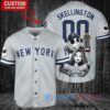 New York Yankees x Jack Skellington and Sally The Nightmare Before Christmas with World Series Trophy Custom Baseball Jersey Gray