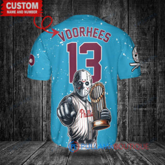 Philadelphia Phillies x Friday the 13th Jason Voorhees Halloween with World Series Trophy Custom Baseball Jersey Light Blue