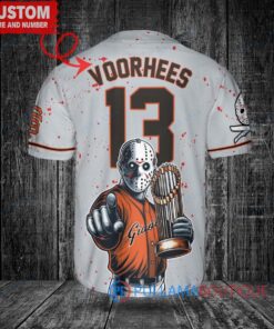 San Francisco Giants x Friday the 13th Jason Voorhees Halloween with World Series Trophy Custom Baseball Jersey Gray