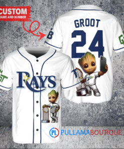 Tampa Bay Rays x Baby Groot Marvel Guardians Of The Galaxy with Trophy Custom Baseball Jersey White Alternate Replica