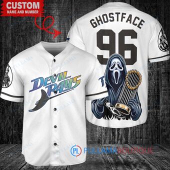 Tampa Bay Rays x Ghostface Scream Halloween Halloween with World Series Trophy Custom Baseball Jersey White Home Replica