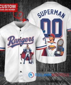 Texas Rangers x Superman DC Comics with Trophy Custom Baseball Jersey White
