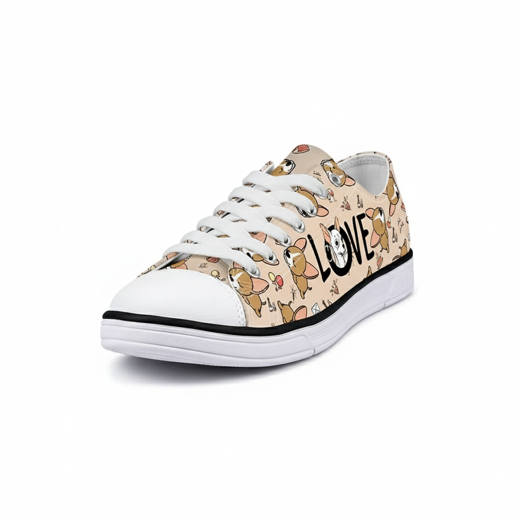 Cute Dog Print Low Top Canvas Sneakers for Women - Casual Lace-Up Walking Shoes with LOVE Graphic Design - Tan