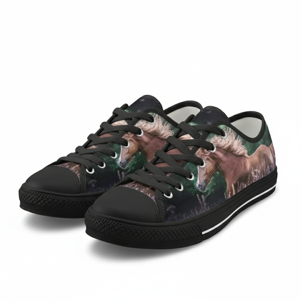 Running Horse Print Low Top Canvas Sneakers - Lightweight Lace-Up Casual Shoes for Men, Women, and Teenagers