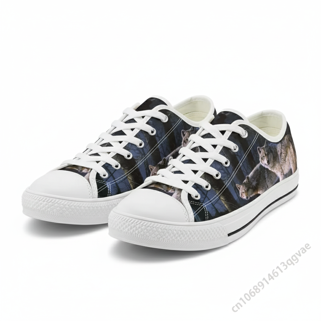 Wolf Pattern Low Top Canvas Sneakers for Men and Women - High Quality Casual Lace-Up Walking Shoes