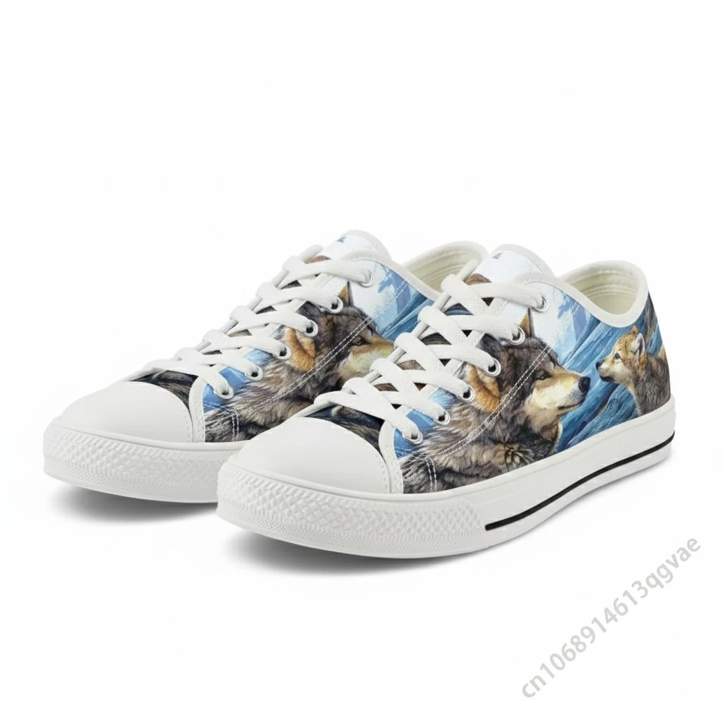 Wolf Pattern Low Top Canvas Sneakers for Men, Women, and Teens - Unisex Casual Lace-Up Walking Shoes
