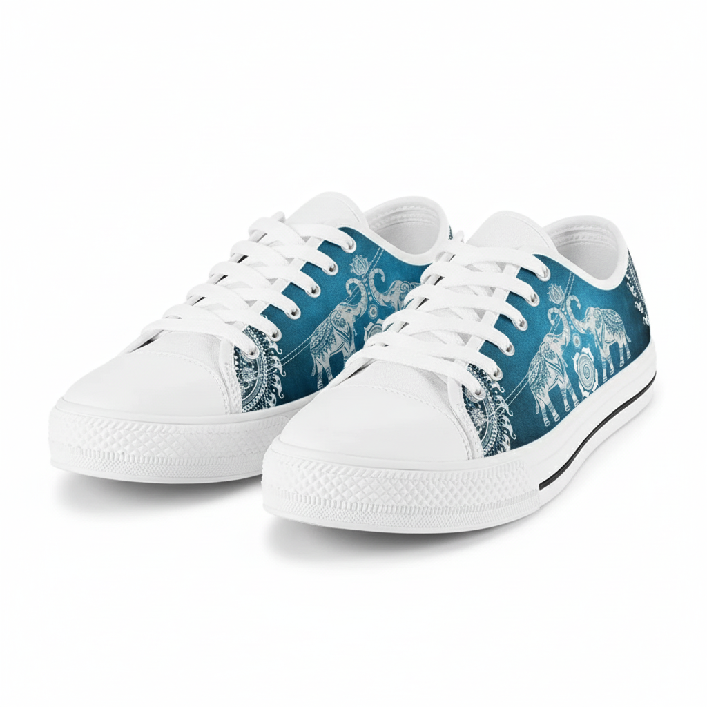 Retro Elephant Print Low Top Canvas Sneakers for Men Women and Teenagers - Blue Mandala Design Lace-Up Casual Shoes - 2025 New Fashion
