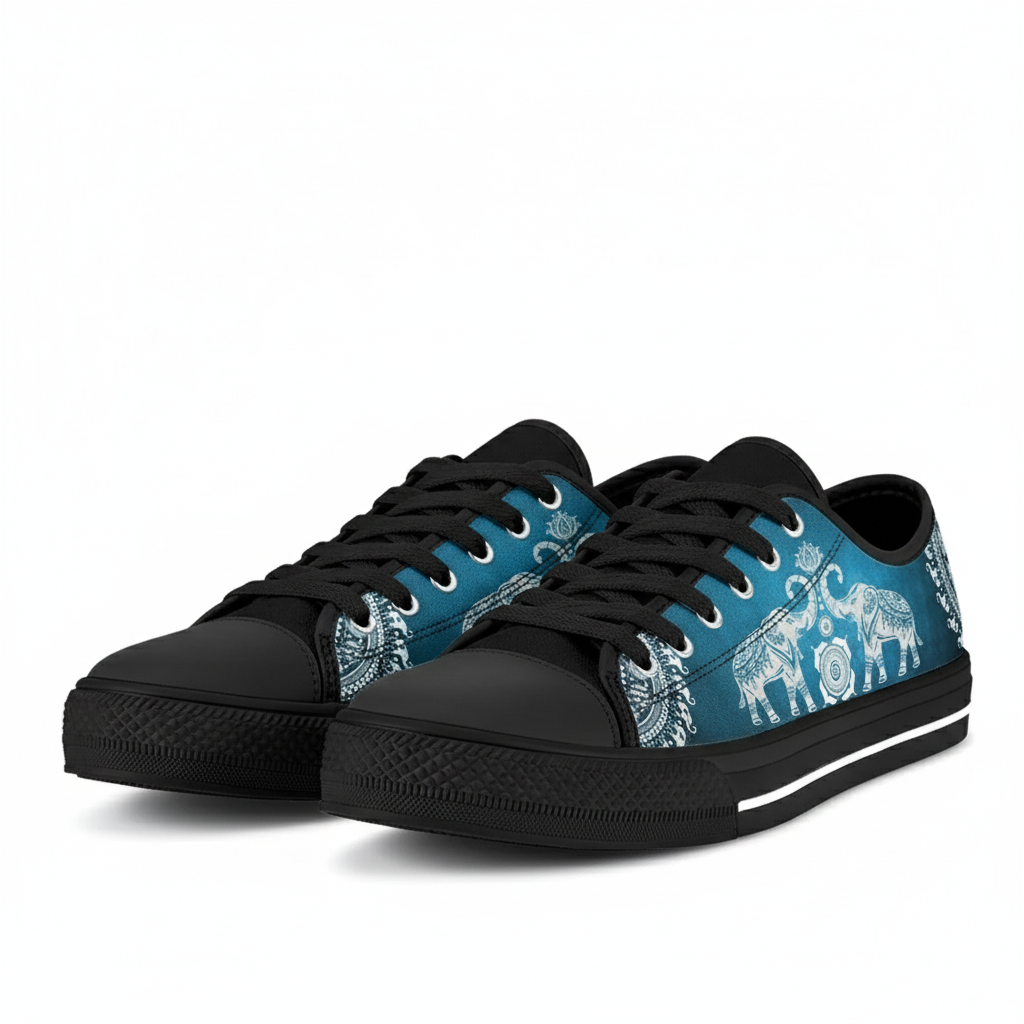 Retro Elephant Print Low Top Canvas Sneakers for Men and Women - 2025 New Blue Casual Lace-Up Walking Shoes