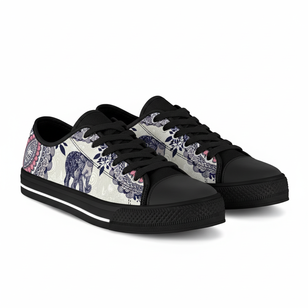 Retro Elephant Print Low Top Canvas Sneakers - Unisex Casual Mandala Pattern Walking Shoes for Men, Women and Teens