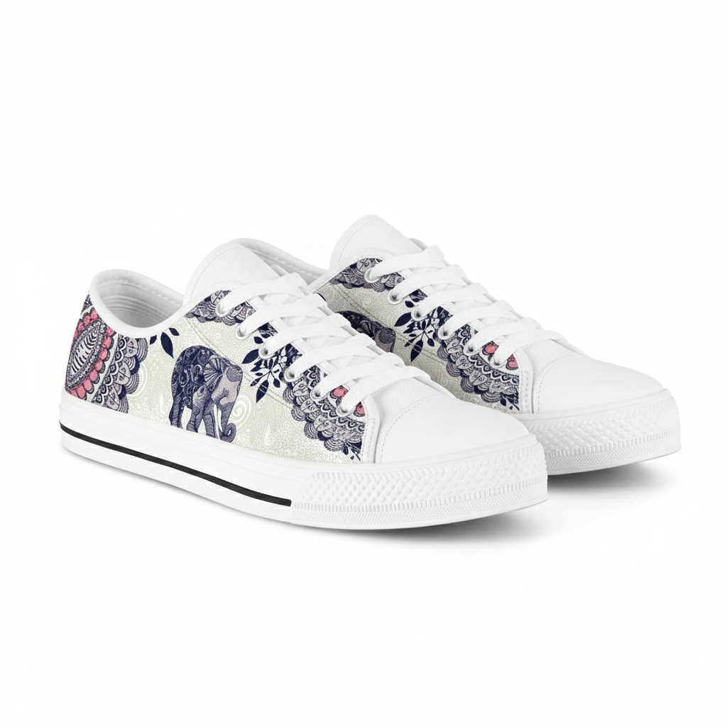 Retro Elephant Print Low Top Canvas Sneakers for Men, Women & Teens - 2025 Casual Lace-Up Walking Shoes