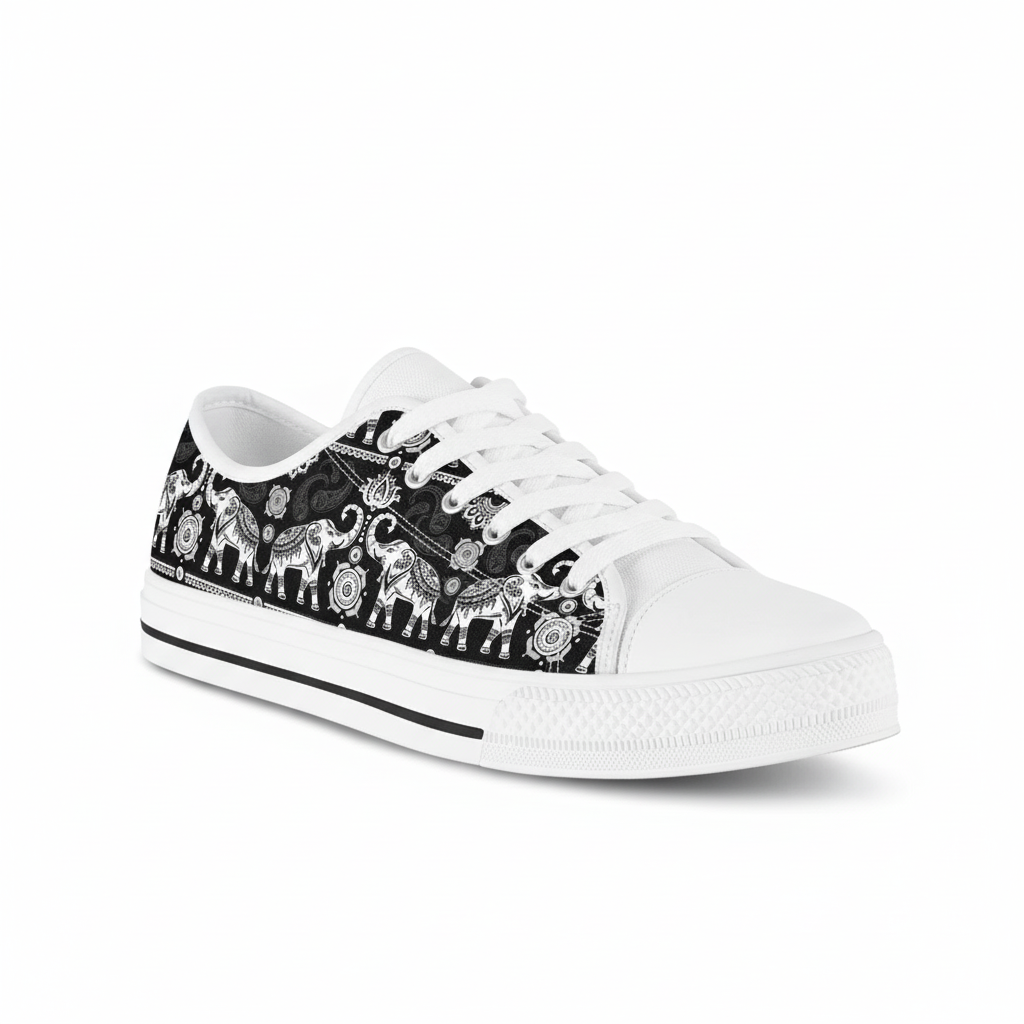 Retro Elephant Print Low Top Canvas Sneakers - Unisex Black and White Boho Pattern Casual Shoes for Men, Women & Teens